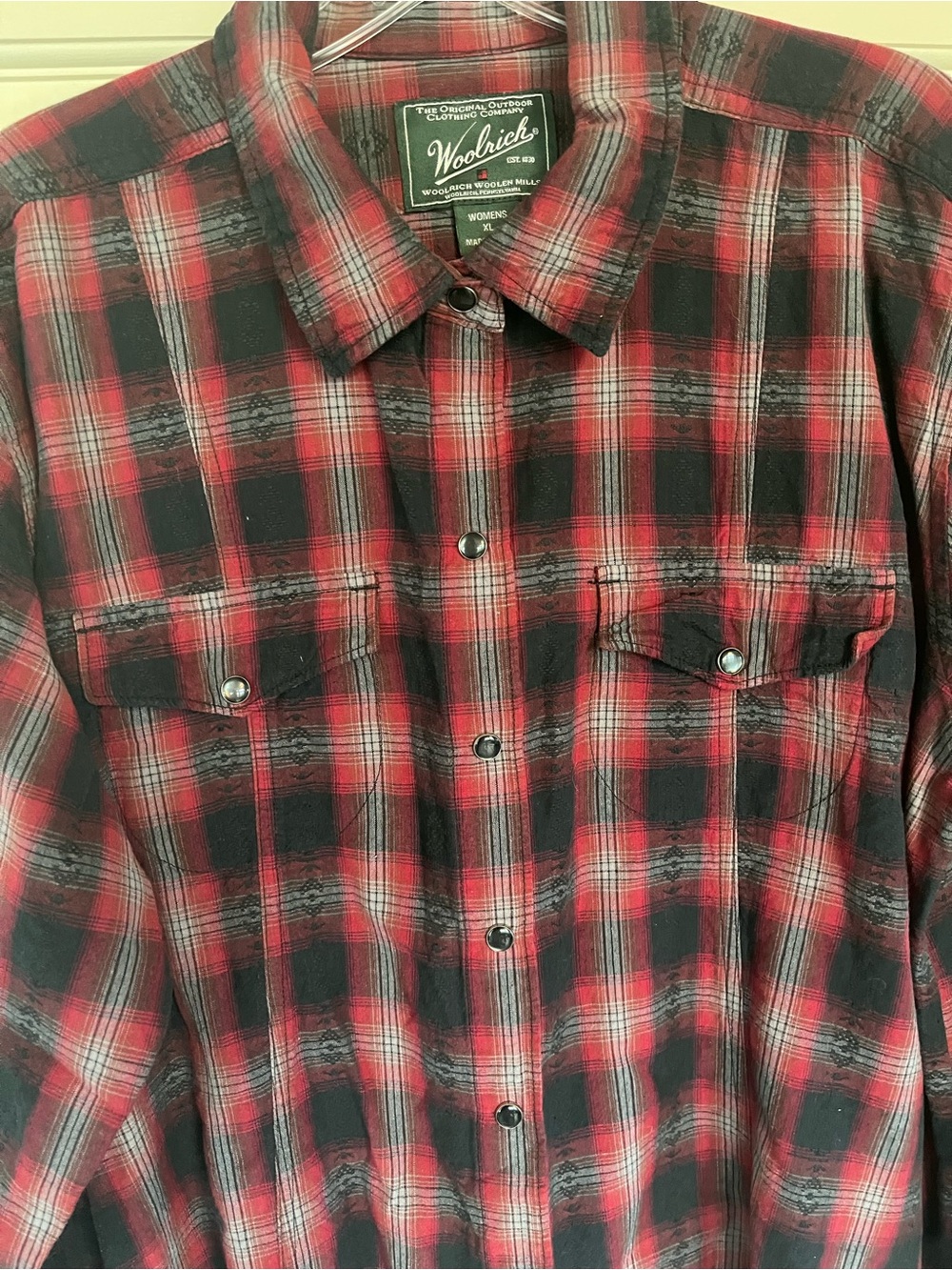 Woolrich Women’s XL Red Black Plaid Western Pearl Snap Shirt
